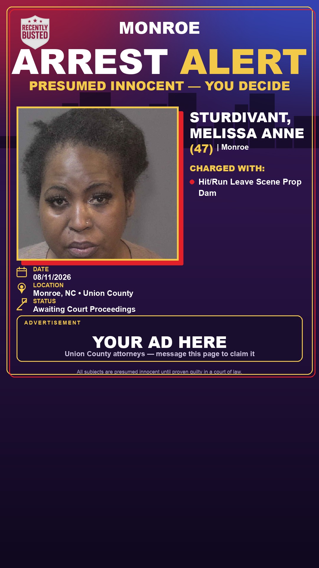 Arrest report - STURDIVANT, MELISSA ANNE