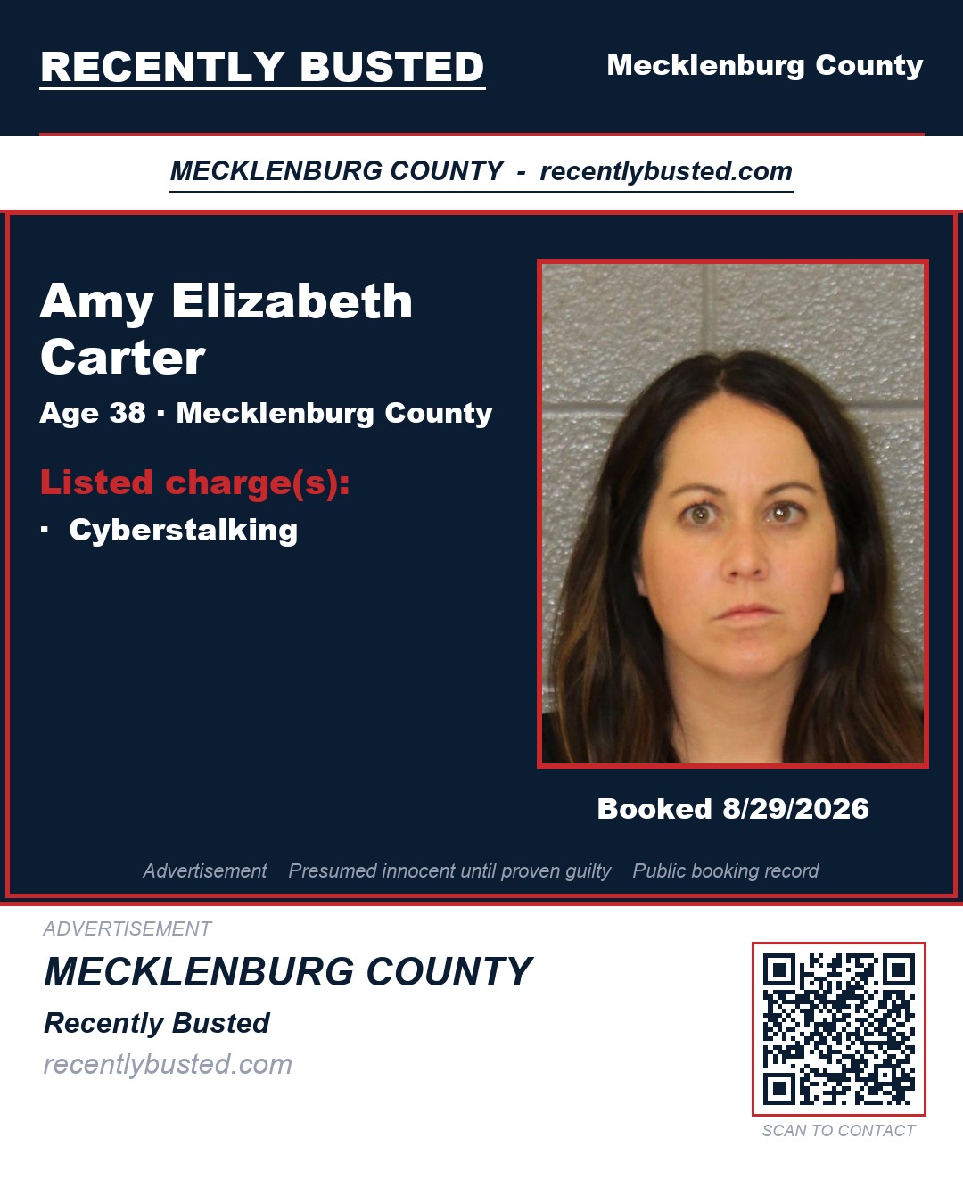 AMY ELIZABETH CARTER — arrest record card, Mecklenburg County, North Carolina