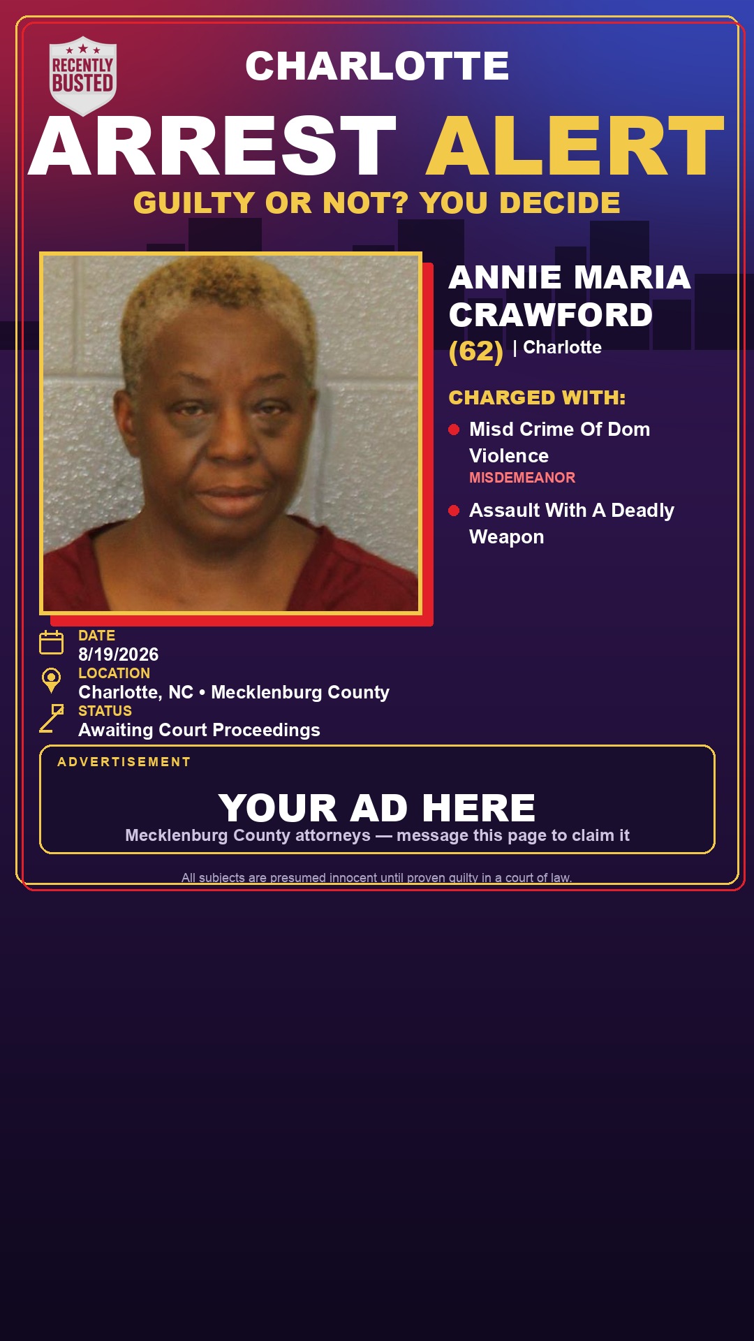 Arrest report - ANNIE MARIA CRAWFORD
