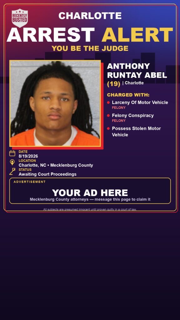 ANTHONY RUNTAY ABEL — arrest record card, Recently Busted