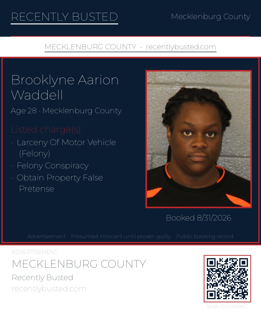 BROOKLYNE AARION WADDELL — arrest record card, Mecklenburg County, North Carolina