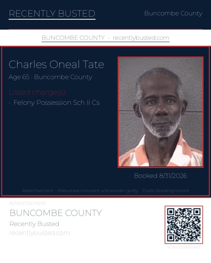 CHARLES ONEAL TATE — arrest record card, Buncombe County, North Carolina