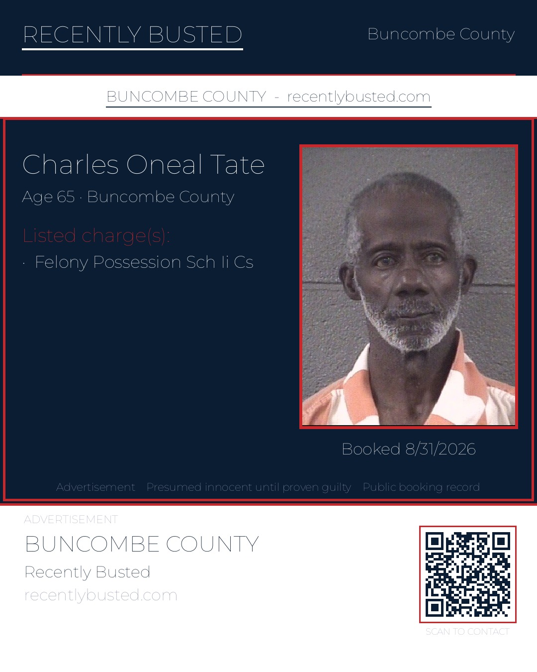 CHARLES ONEAL TATE — arrest record card, Buncombe County, North Carolina