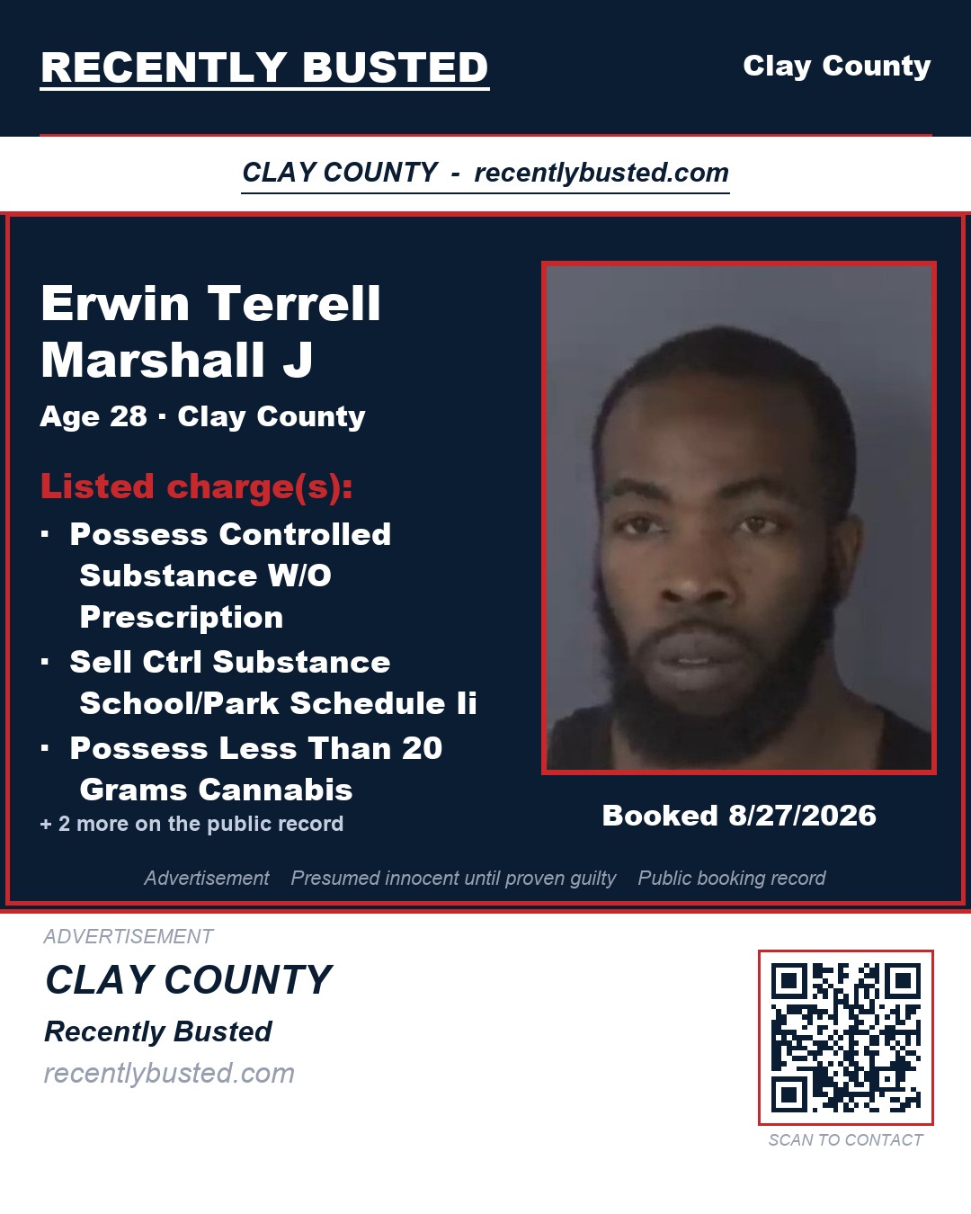 ERWIN TERRELL MARSHALL J — arrest record card, Clay County, Florida