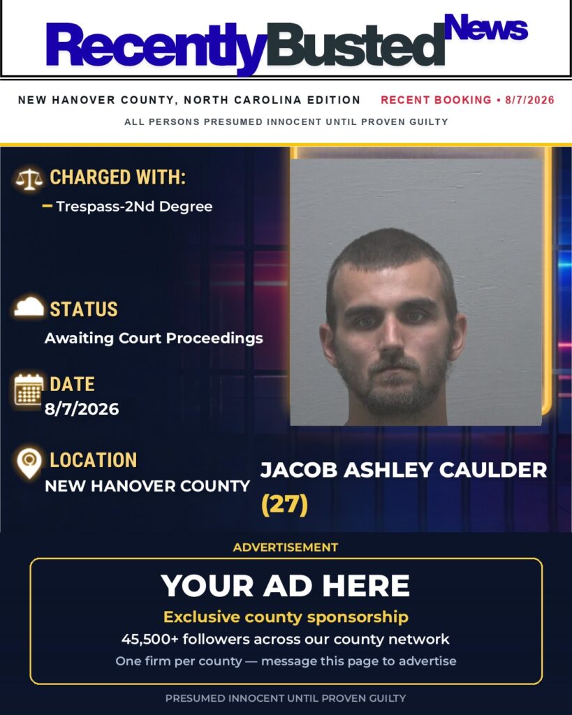 JACOB ASHLEY CAULDER — arrest record card, New Hanover County