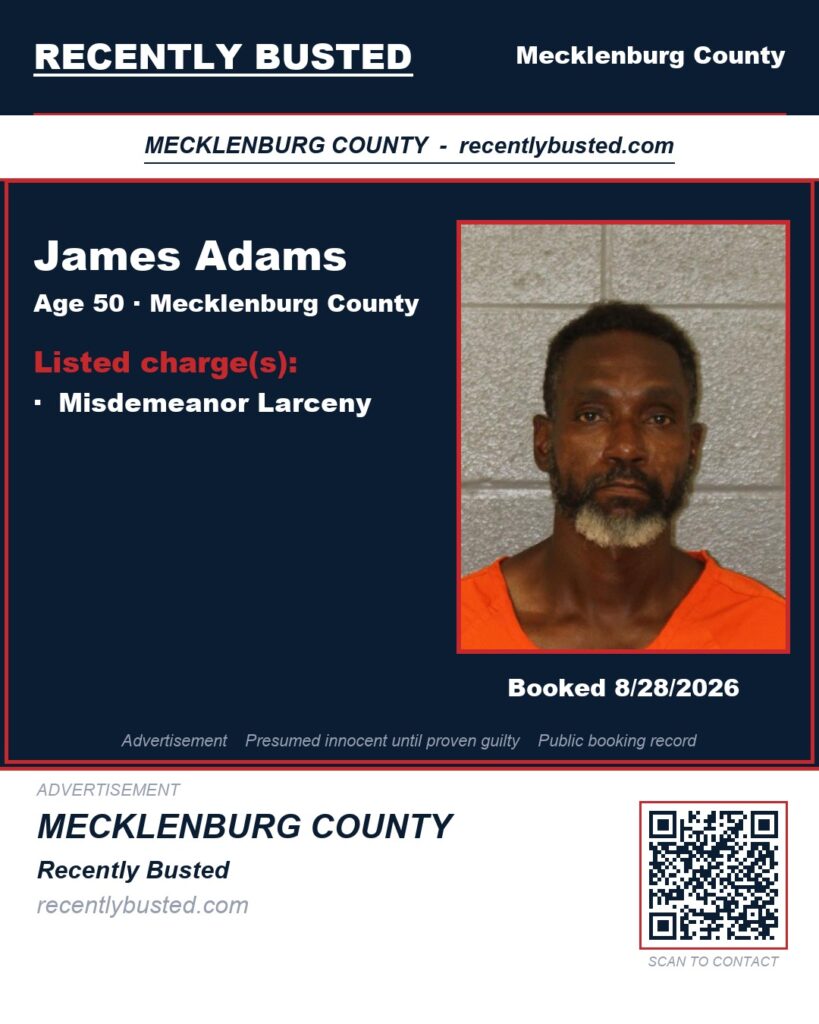 JAMES ADAMS — arrest record card, Mecklenburg County, North Carolina