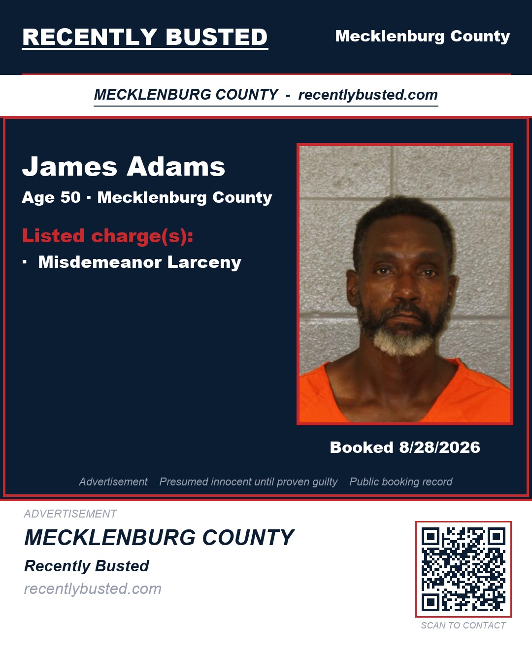 JAMES ADAMS — arrest record card, Mecklenburg County, North Carolina