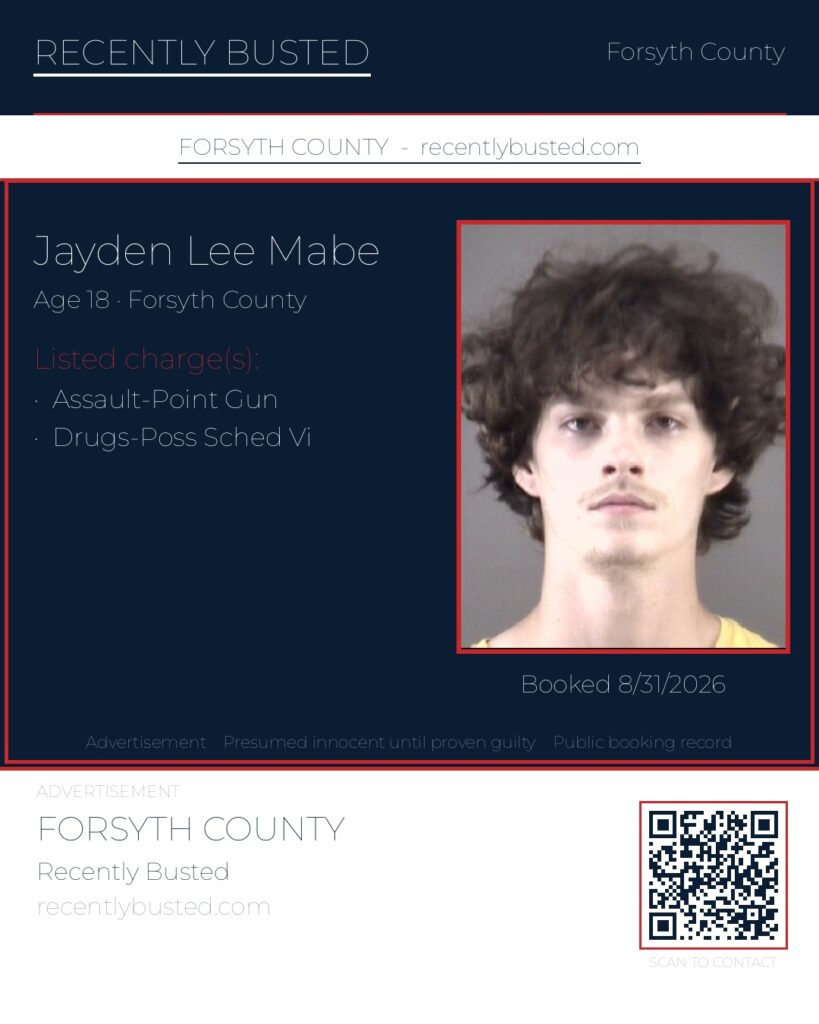 JAYDEN LEE MABE — arrest record card, Forsyth County, North Carolina