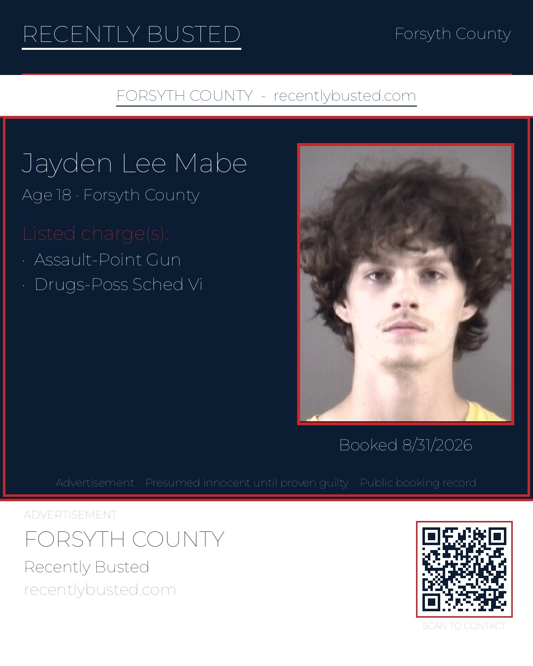 JAYDEN LEE MABE — arrest record card, Forsyth County, North Carolina