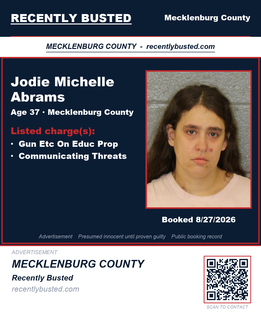 JODIE MICHELLE ABRAMS — arrest record card, Mecklenburg County, North Carolina