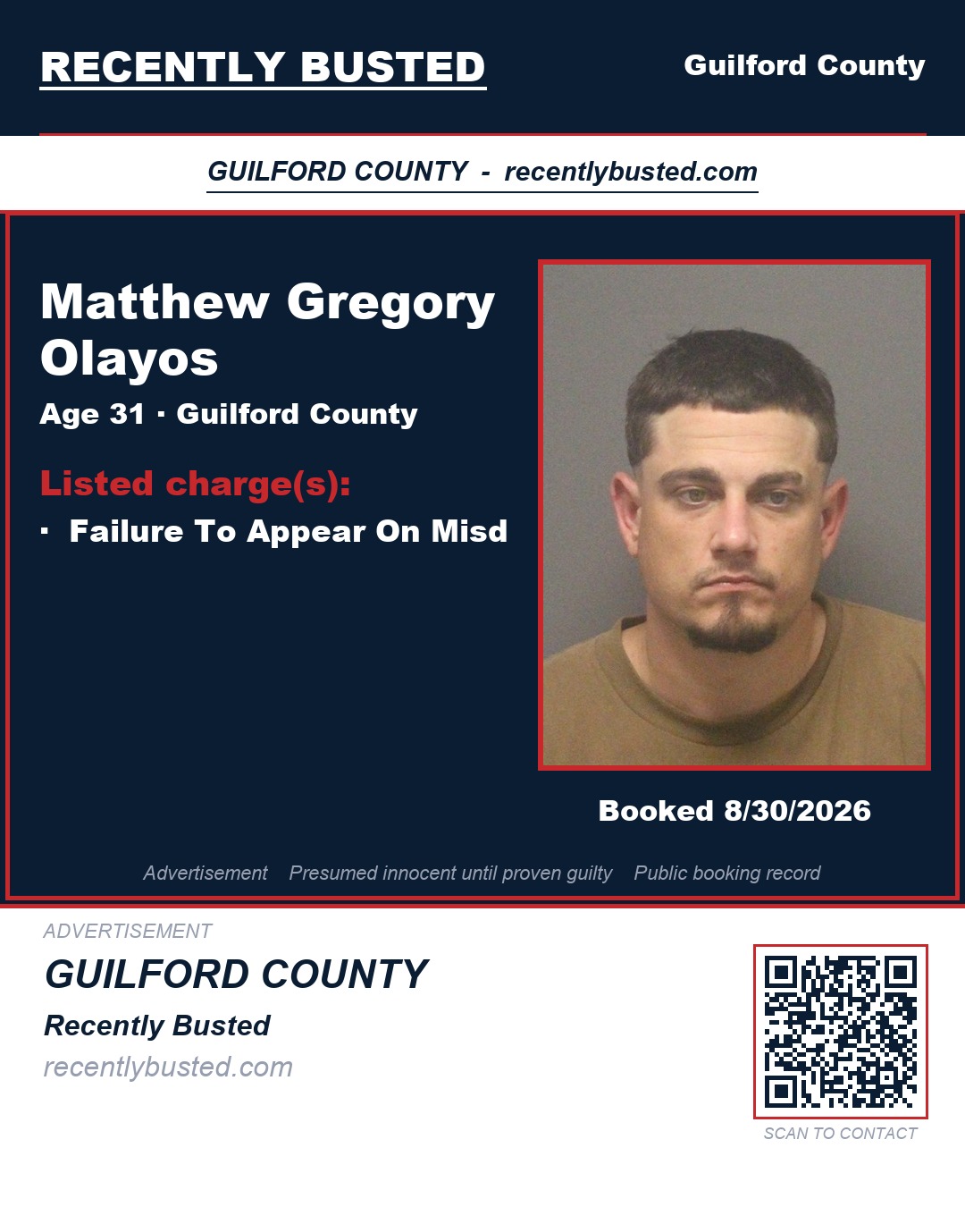 MATTHEW GREGORY OLAYOS — arrest record card, Guilford County, North Carolina
