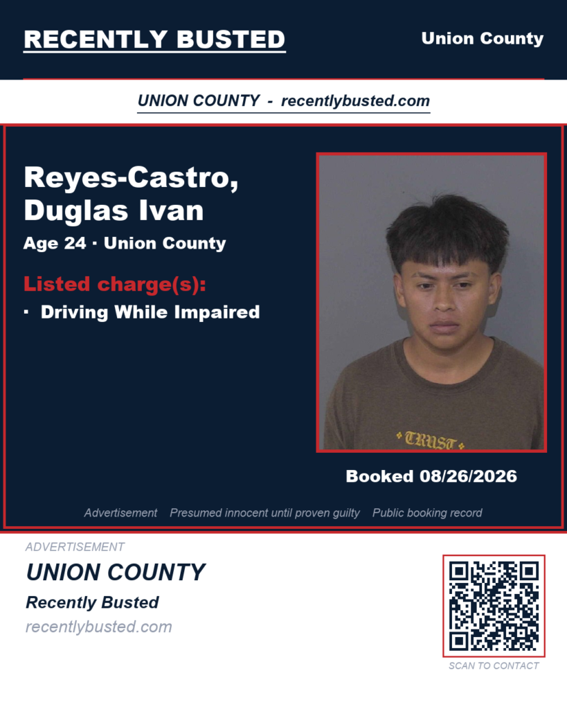 REYES-CASTRO, DUGLAS IVAN — arrest record card, Union County, North Carolina