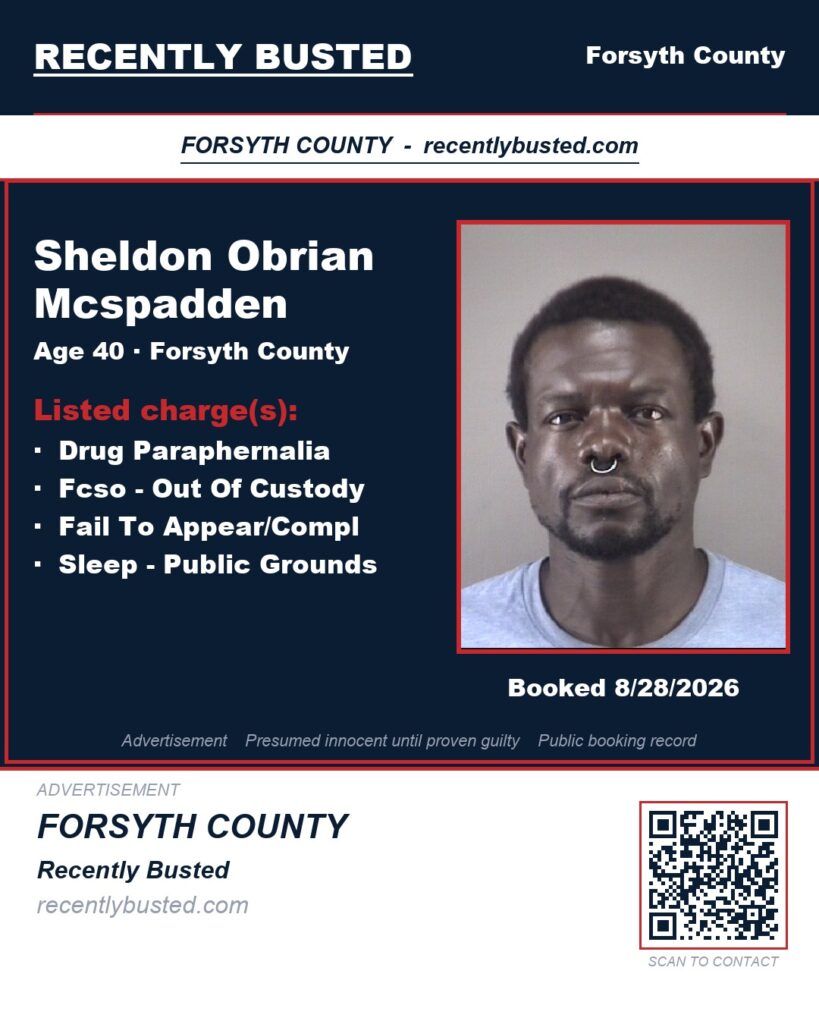 SHELDON OBRIAN MCSPADDEN — arrest record card, Forsyth County, North Carolina