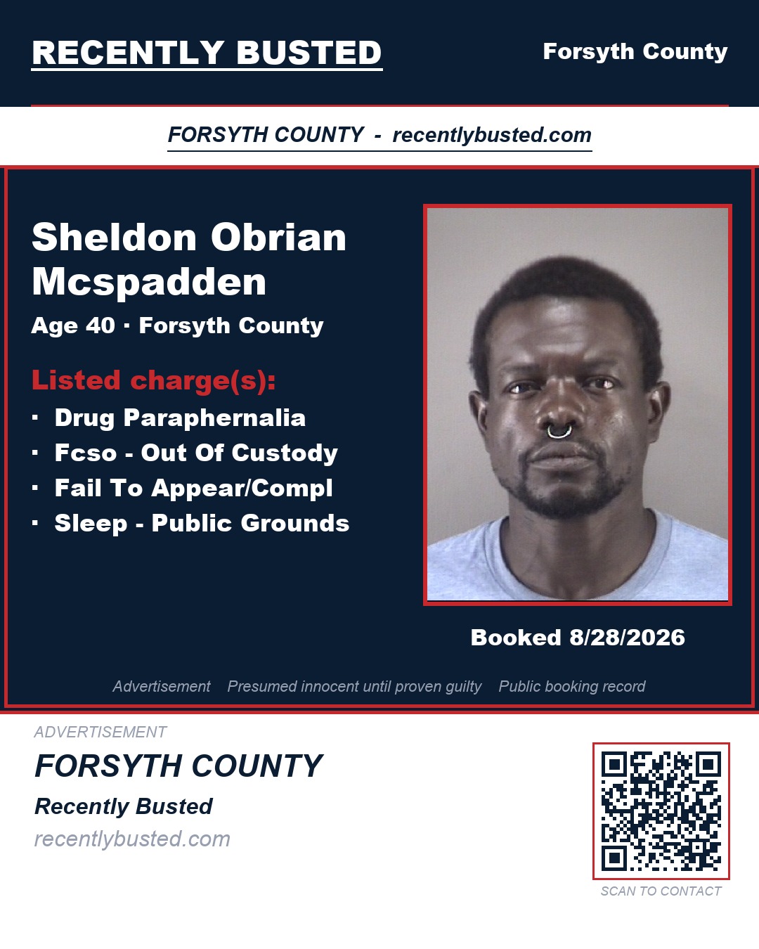 SHELDON OBRIAN MCSPADDEN — arrest record card, Forsyth County, North Carolina