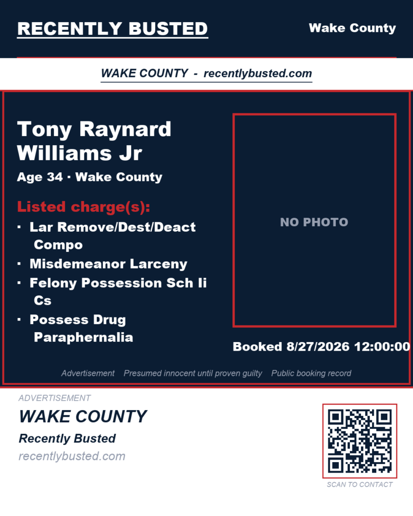 TONY RAYNARD WILLIAMS JR — arrest record card, Wake County, North Carolina