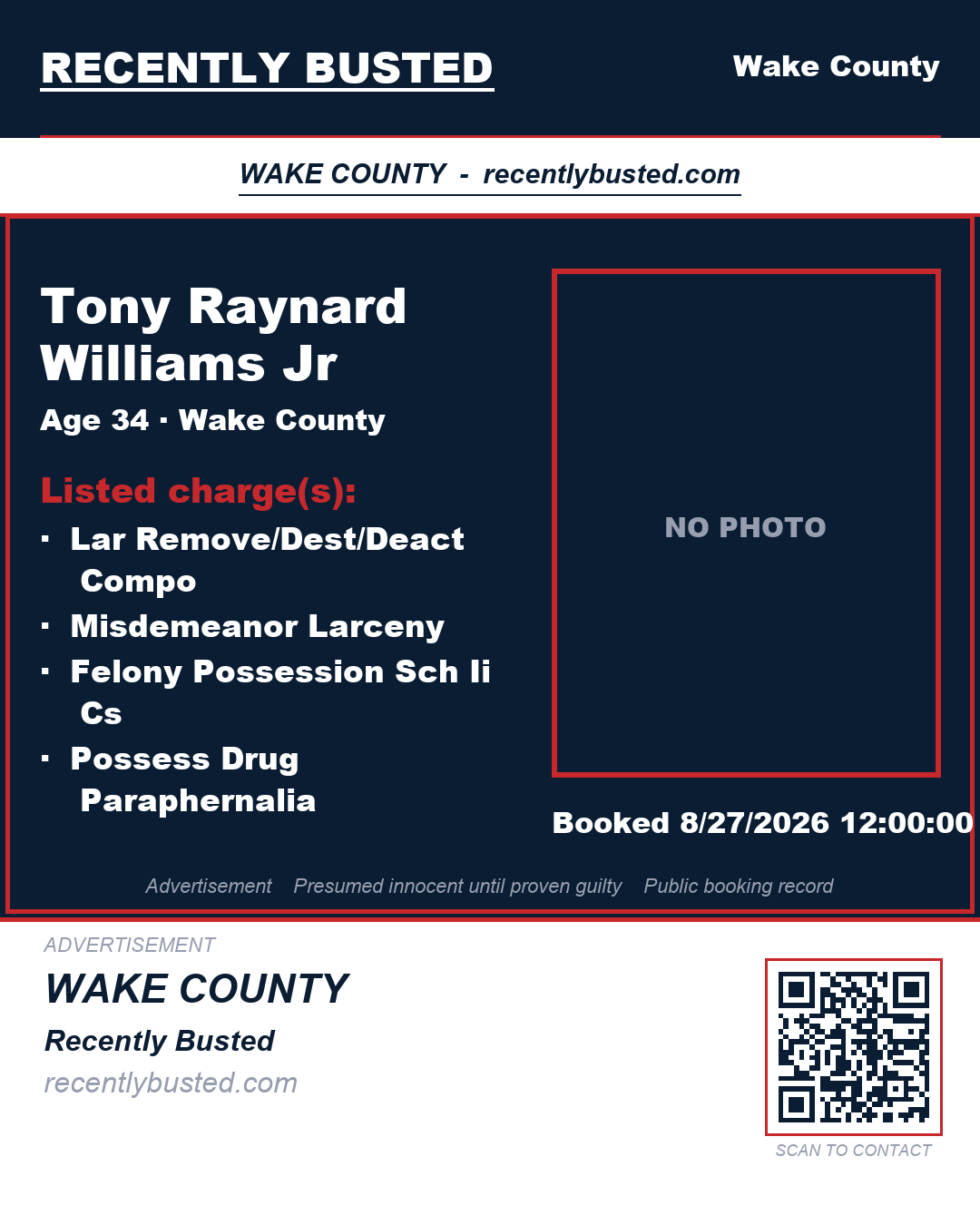 TONY RAYNARD WILLIAMS JR — arrest record card, Wake County, North Carolina