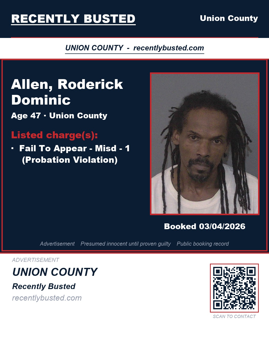ALLEN, RODERICK DOMINIC — arrest record card, Union County, North Carolina