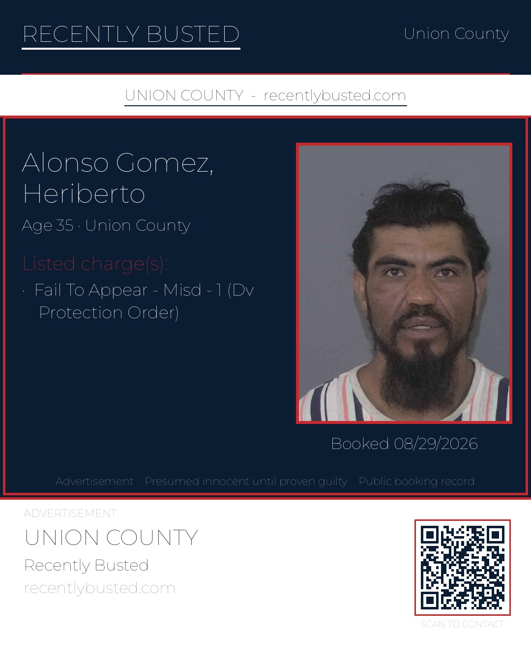 ALONSO GOMEZ, HERIBERTO — arrest record card, Union County, North Carolina