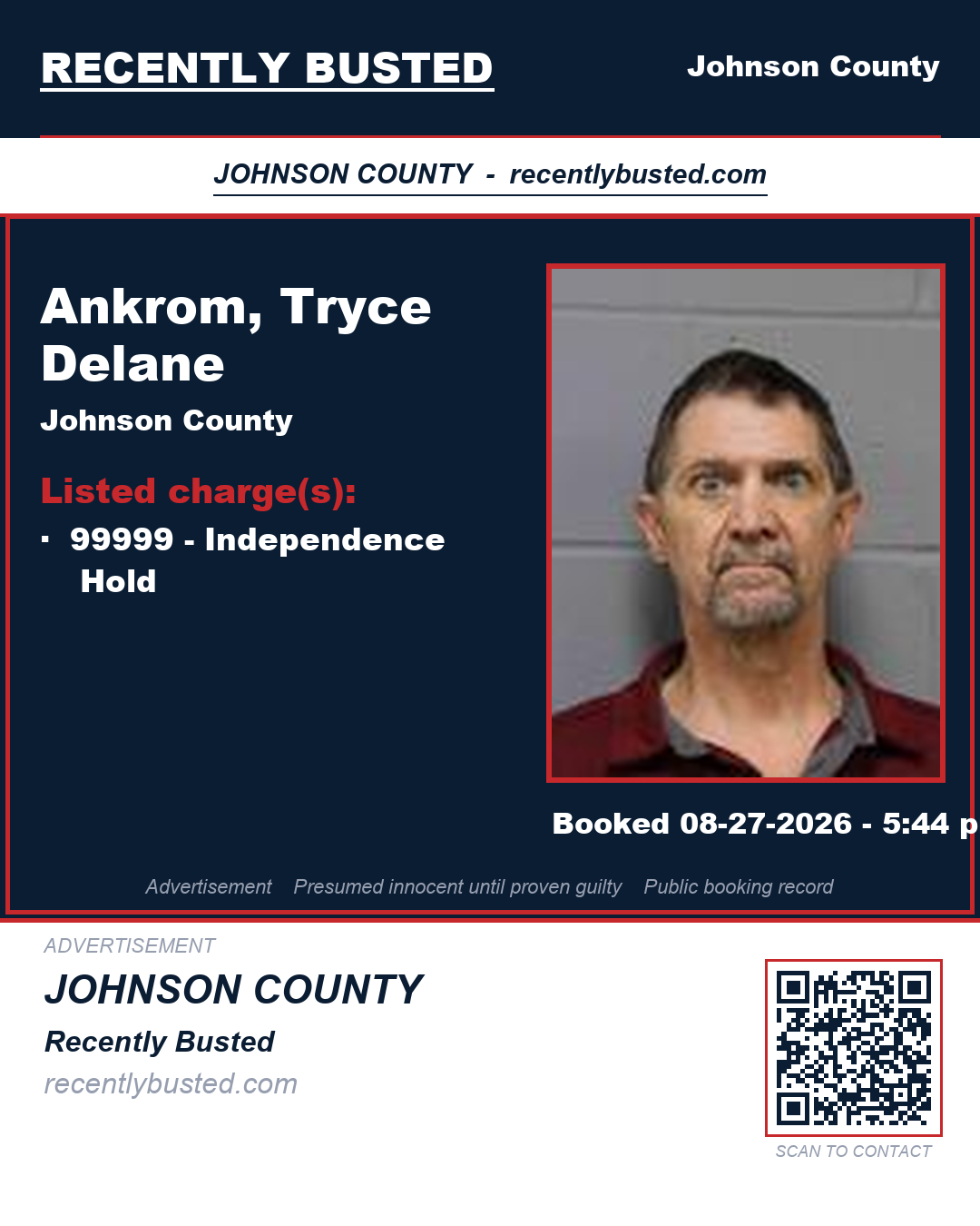 ANKROM, TRYCE DELANE — arrest record card, Johnson County, Missouri