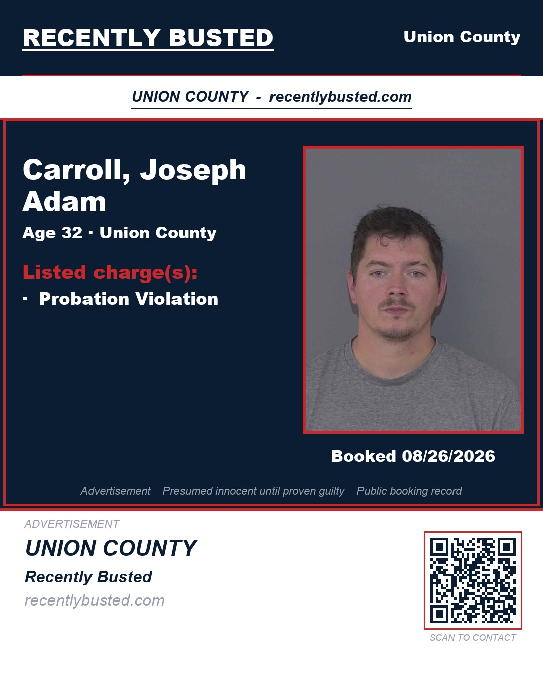 CARROLL, JOSEPH ADAM — arrest record card, Union County, North Carolina