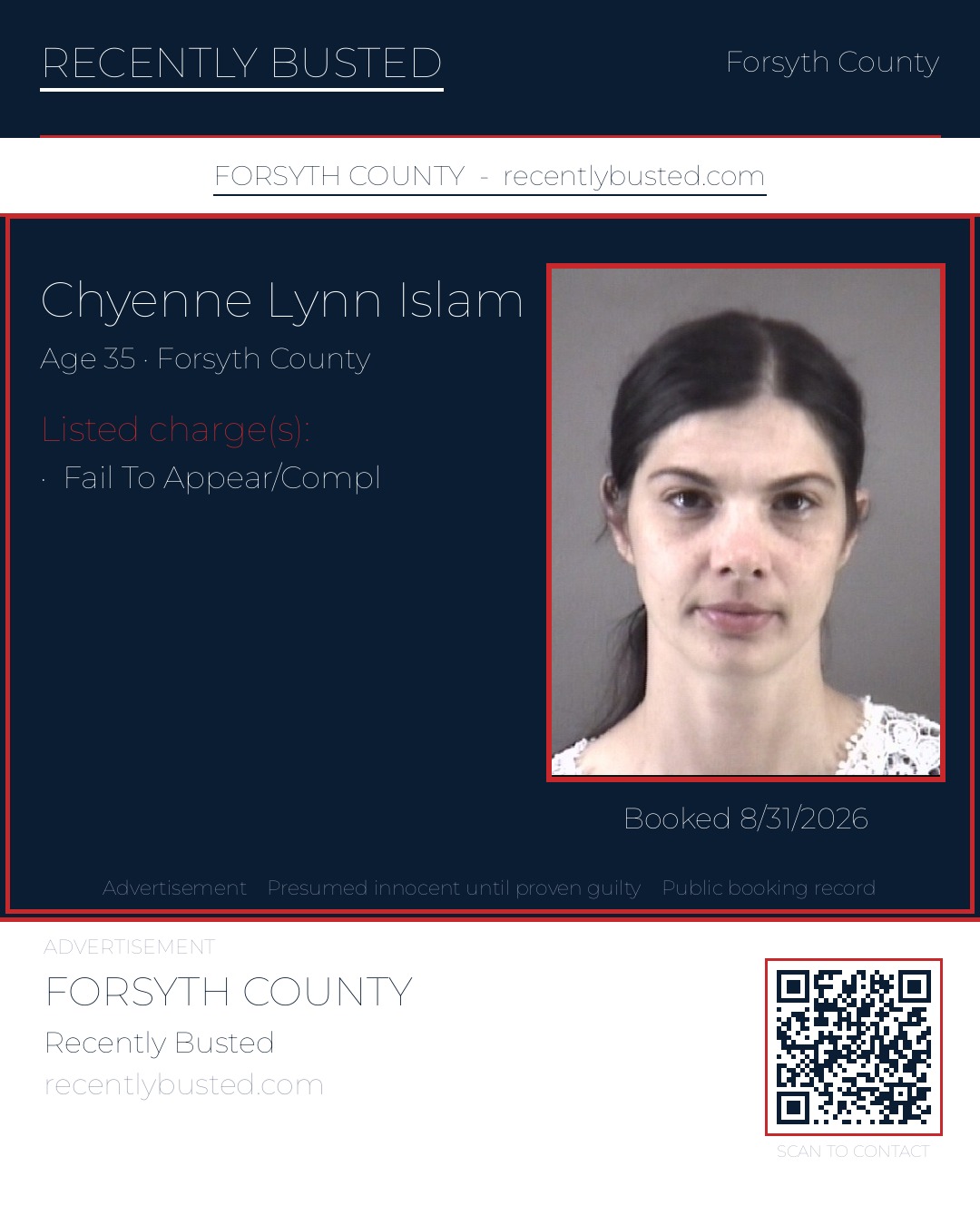 CHYENNE LYNN ISLAM — arrest record card, Forsyth County, North Carolina