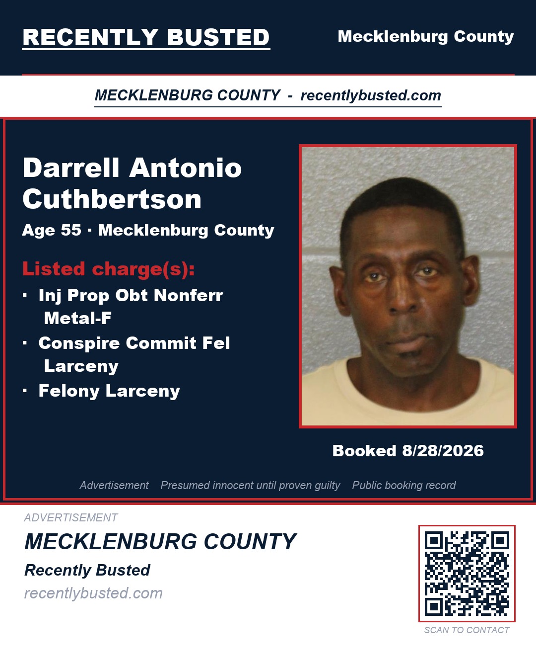 DARRELL ANTONIO CUTHBERTSON — arrest record card, Mecklenburg County, North Carolina