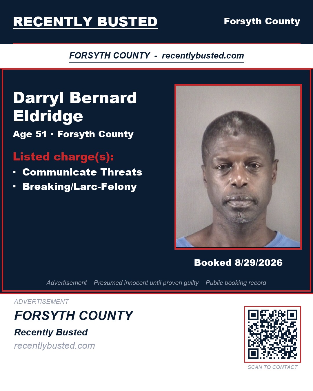 DARRYL BERNARD ELDRIDGE — arrest record card, Forsyth County, North Carolina