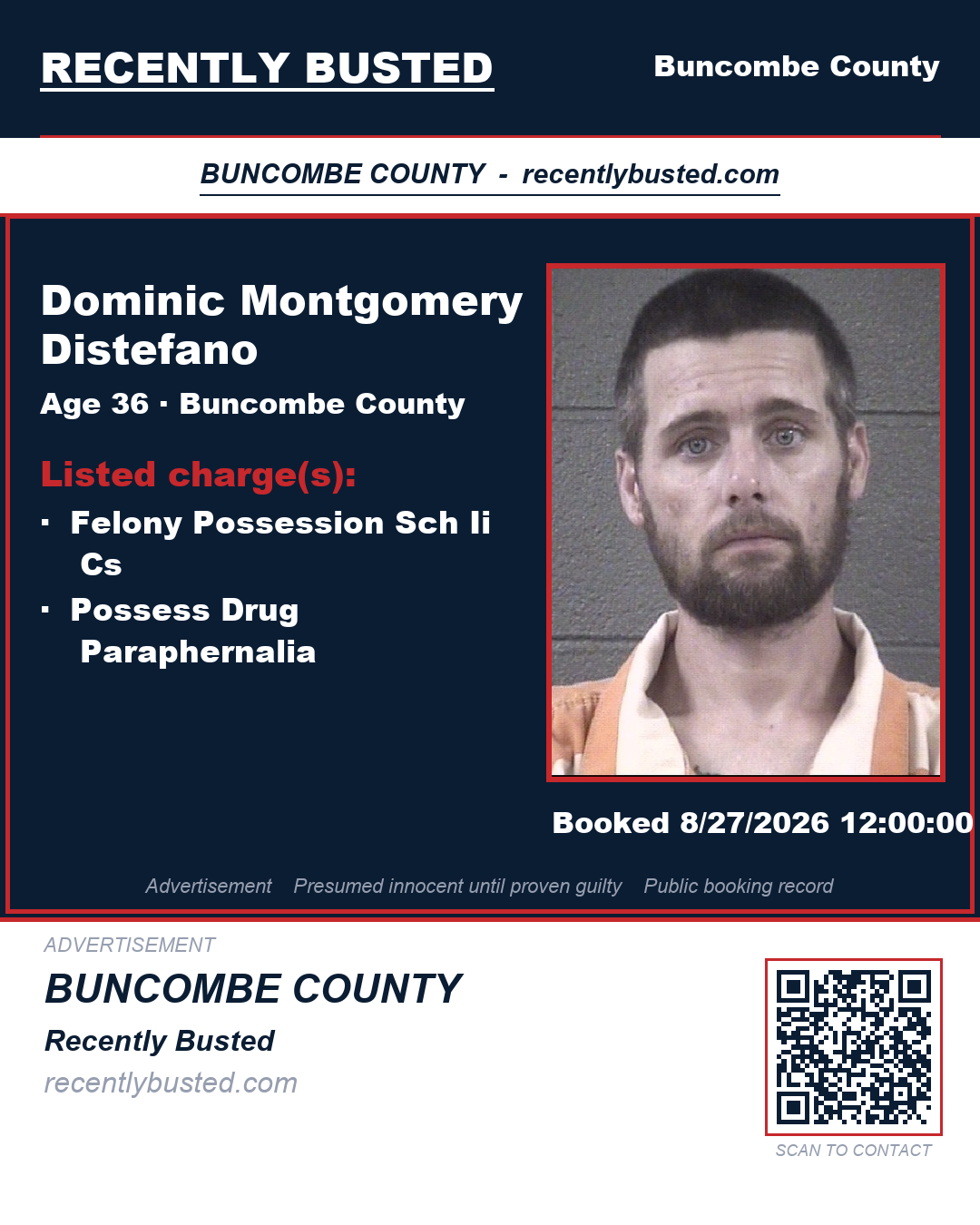 DOMINIC MONTGOMERY DISTEFANO — arrest record card, Buncombe County, North Carolina