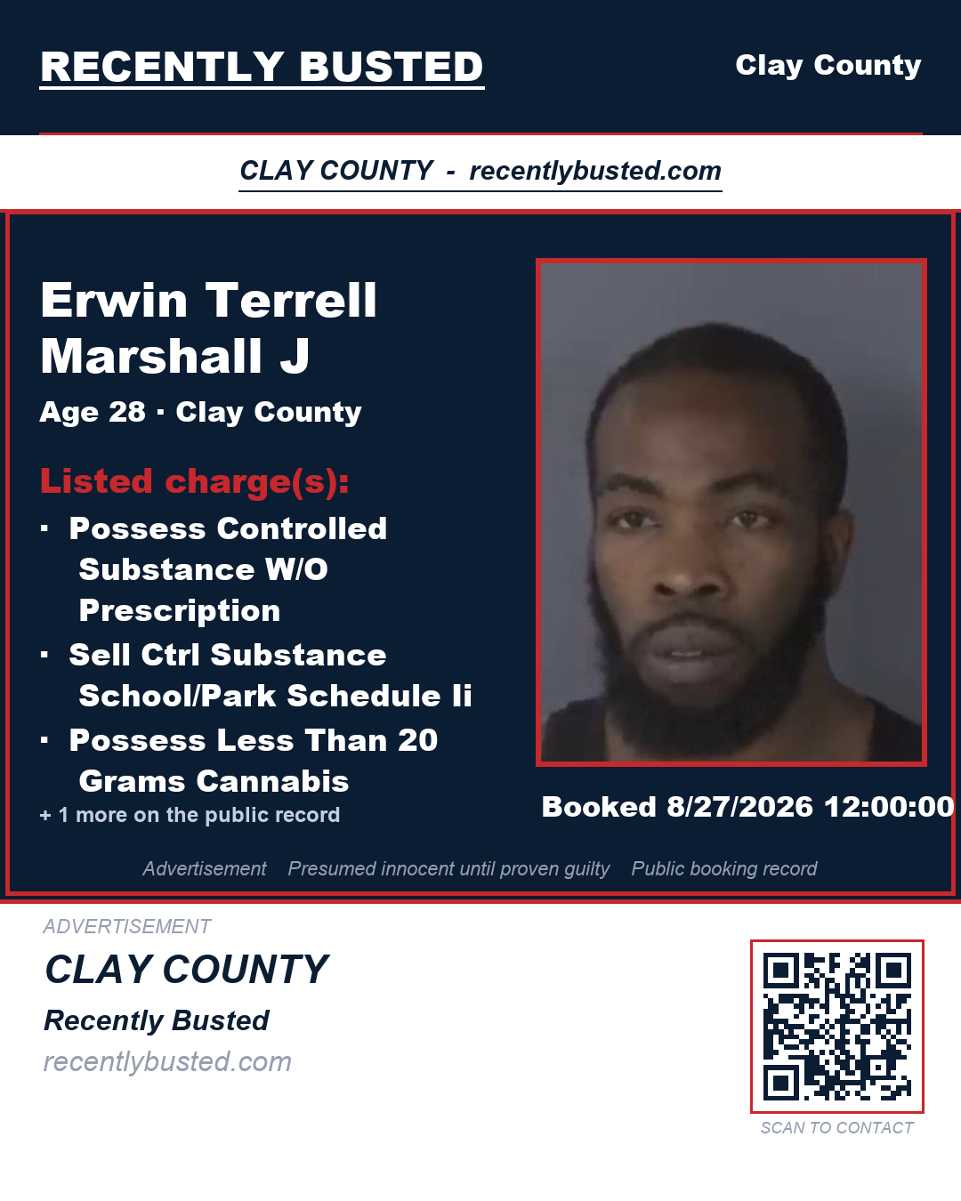 ERWIN TERRELL MARSHALL J — arrest record card, Clay County, Florida