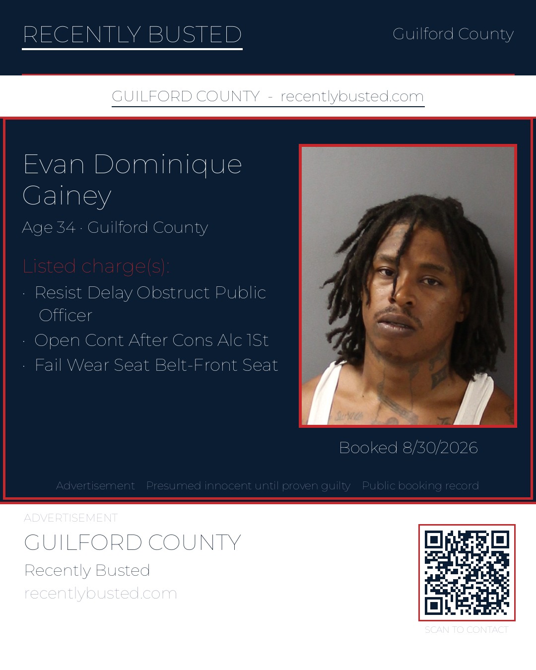 EVAN DOMINIQUE GAINEY — arrest record card, Guilford County, North Carolina