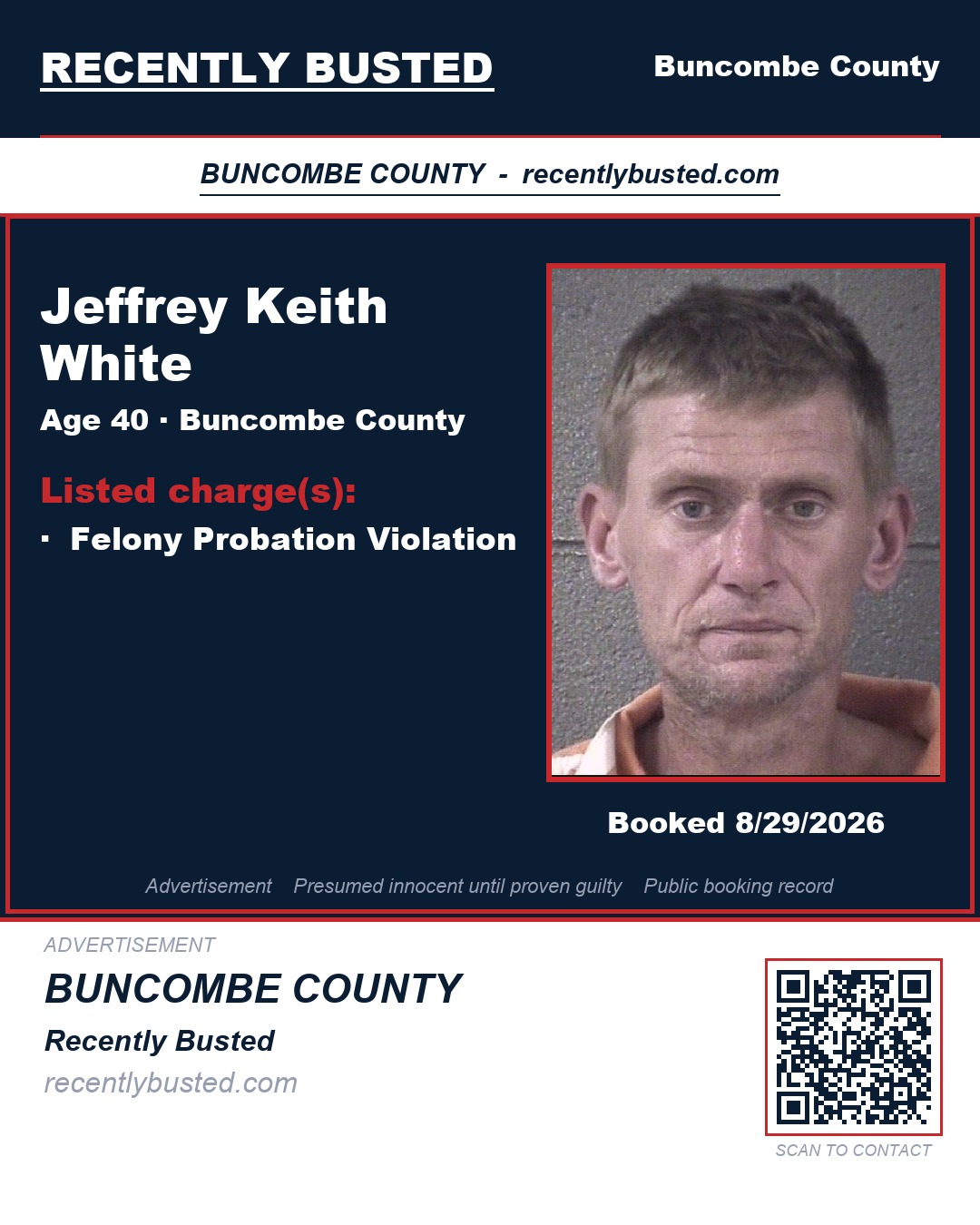 JEFFREY KEITH WHITE — arrest record card, Buncombe County, North Carolina