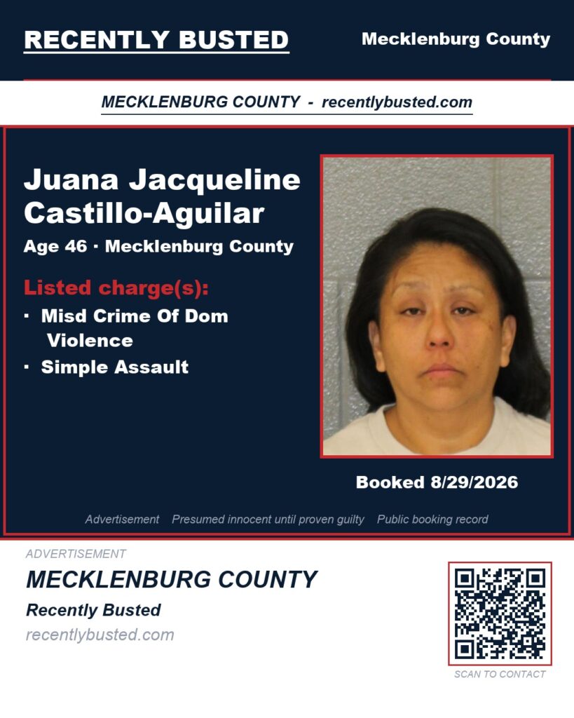 JUANA JACQUELINE CASTILLO-AGUILAR — arrest record card, Mecklenburg County, North Carolina