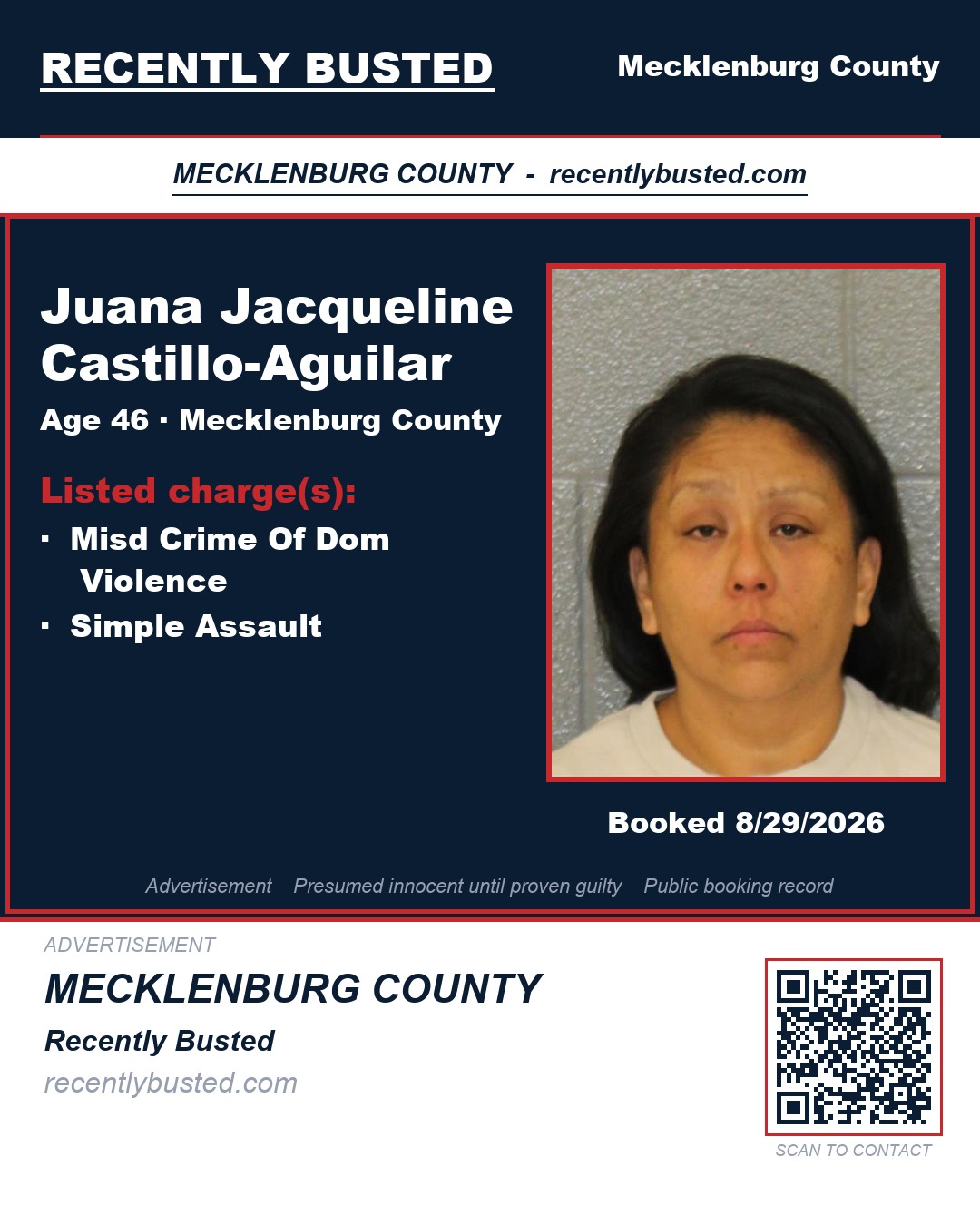 JUANA JACQUELINE CASTILLO-AGUILAR — arrest record card, Mecklenburg County, North Carolina