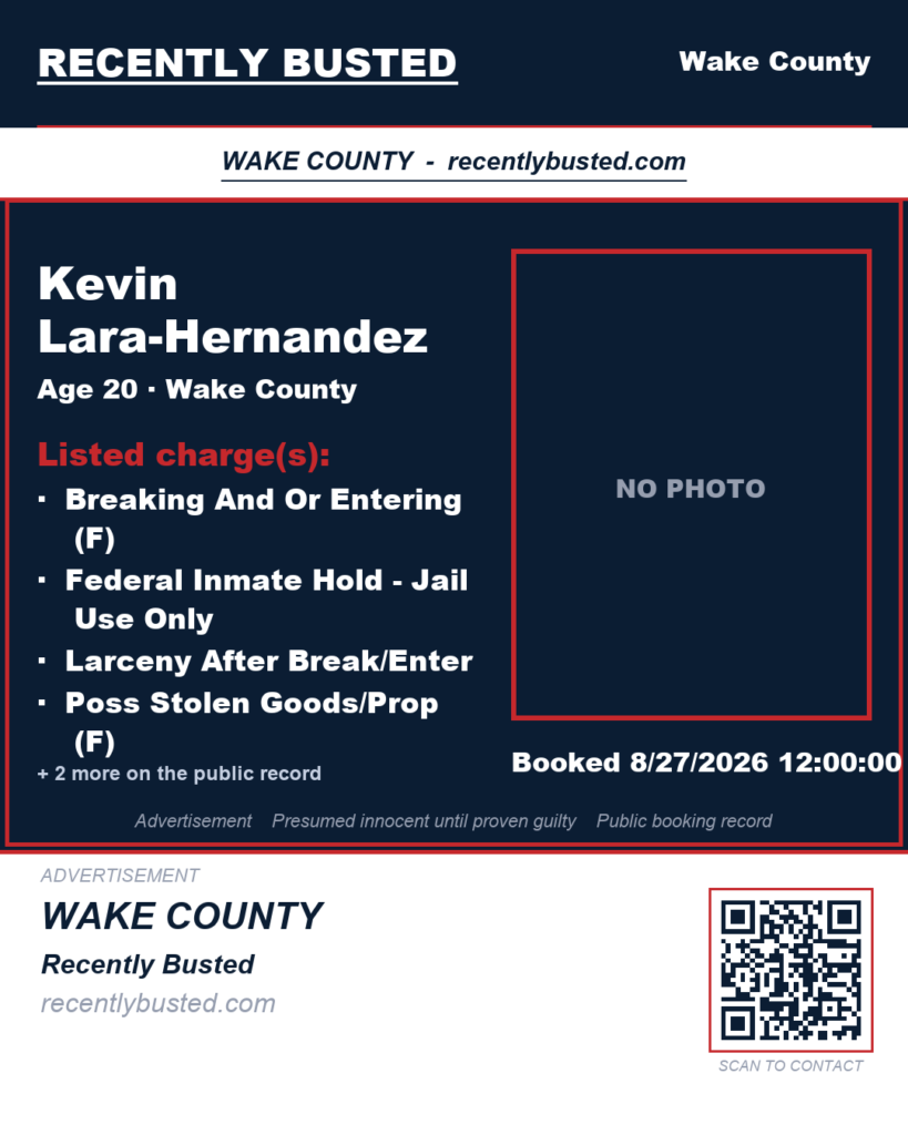KEVIN LARA-HERNANDEZ — arrest record card, Wake County, North Carolina