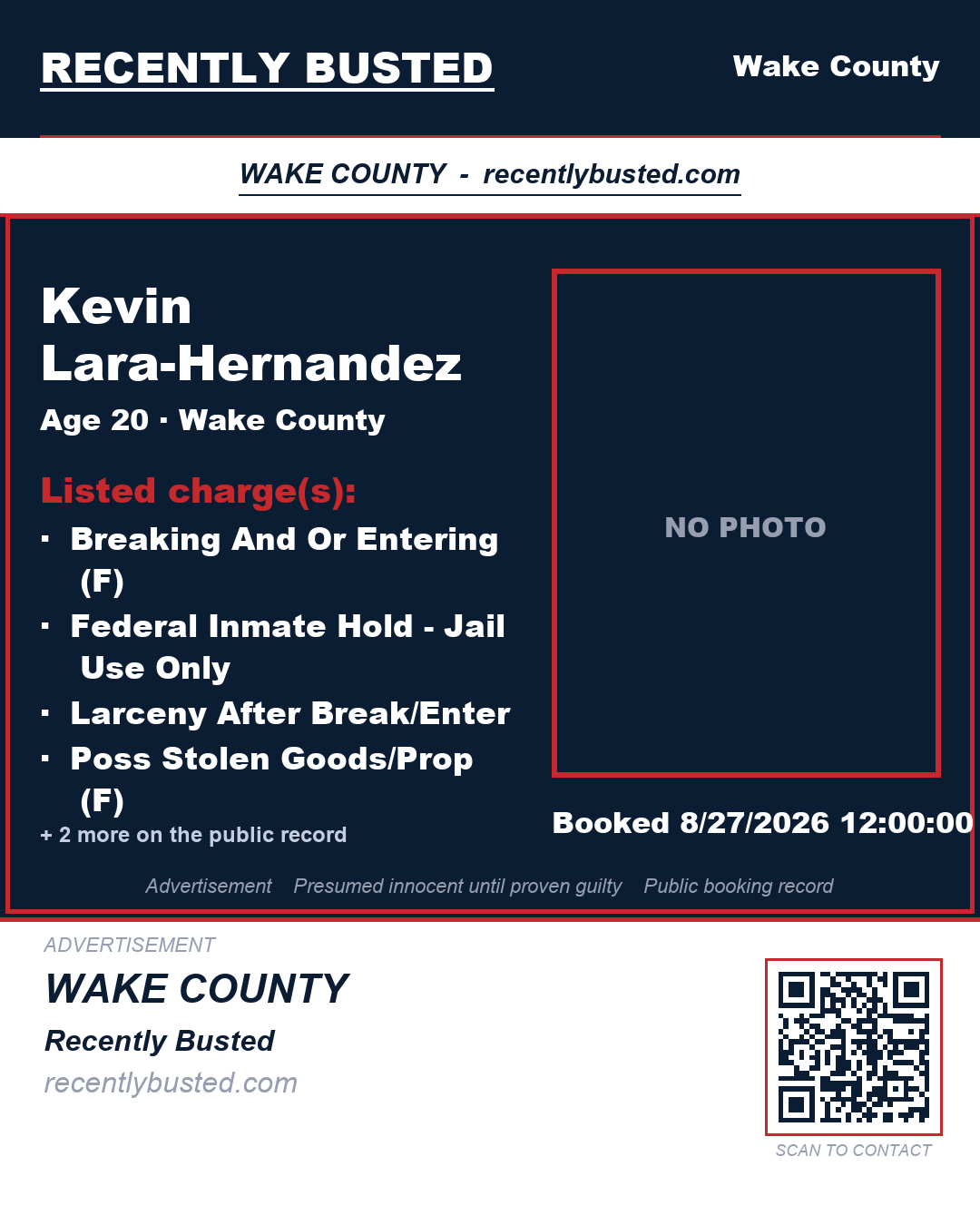KEVIN LARA-HERNANDEZ — arrest record card, Wake County, North Carolina