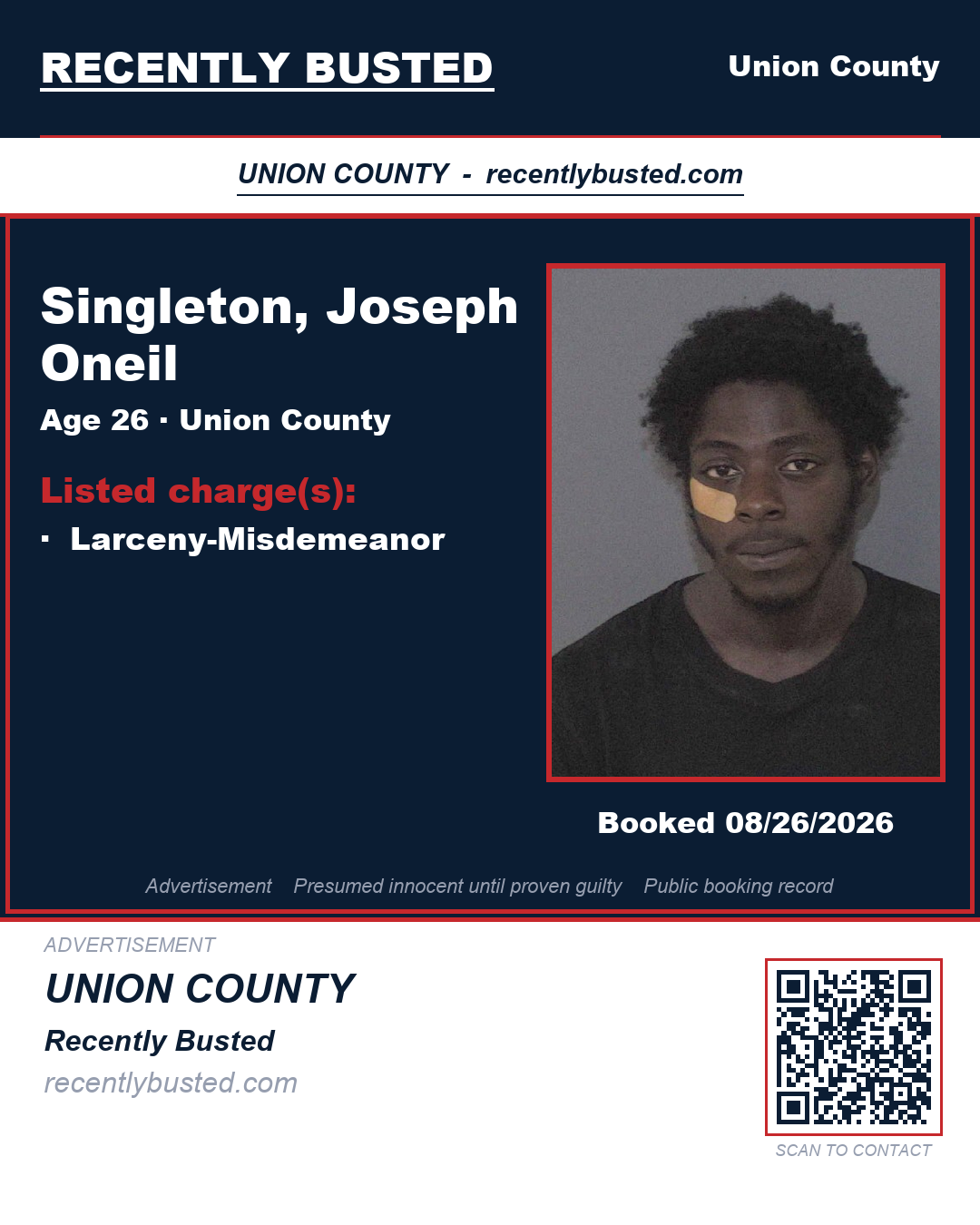 SINGLETON, JOSEPH ONEIL — arrest record card, Union County, North Carolina
