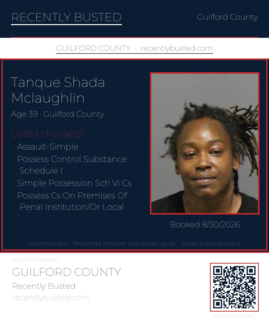 TANQUE SHADA MCLAUGHLIN — arrest record card, Guilford County, North Carolina