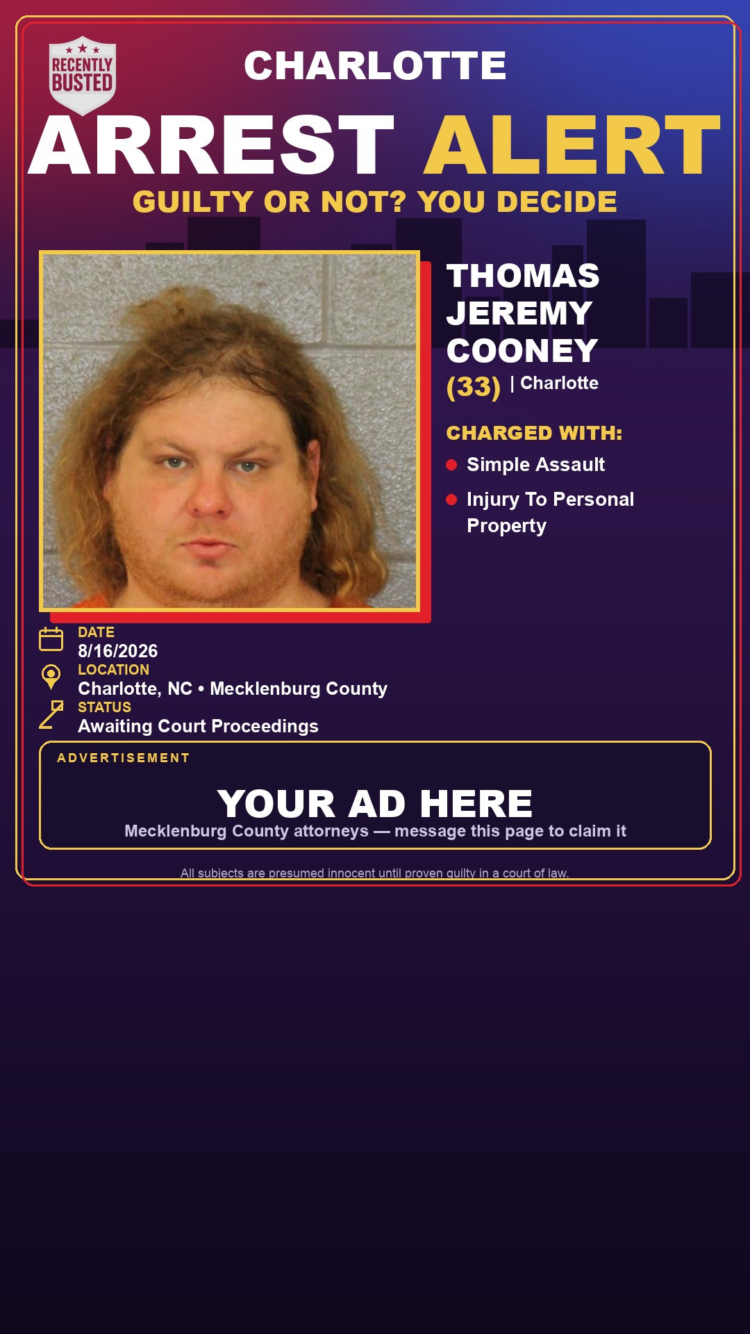 Arrest report - THOMAS JEREMY COONEY