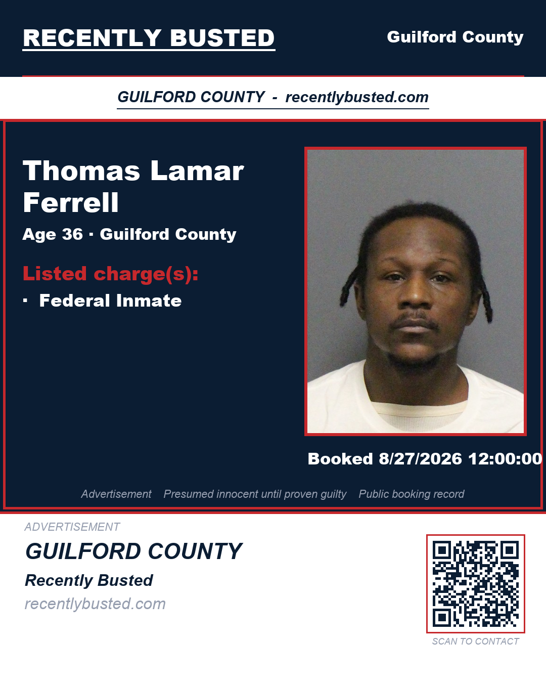 THOMAS LAMAR FERRELL — arrest record card, Guilford County, North Carolina