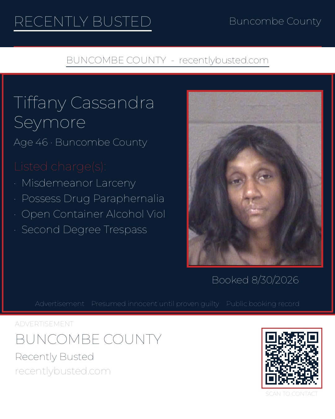 TIFFANY CASSANDRA SEYMORE — arrest record card, Buncombe County, North Carolina