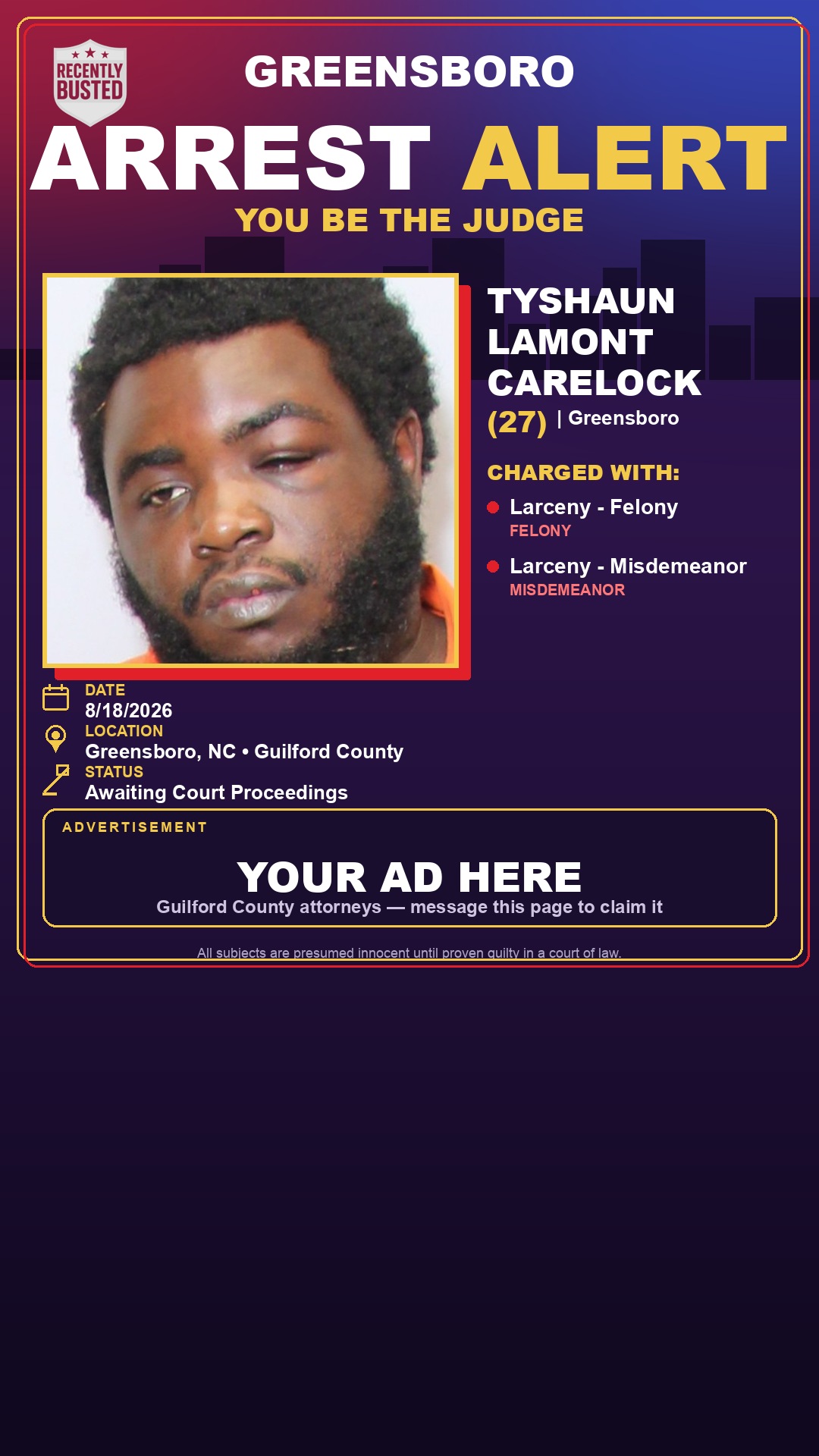 Arrest report - TYSHAUN LAMONT CARELOCK