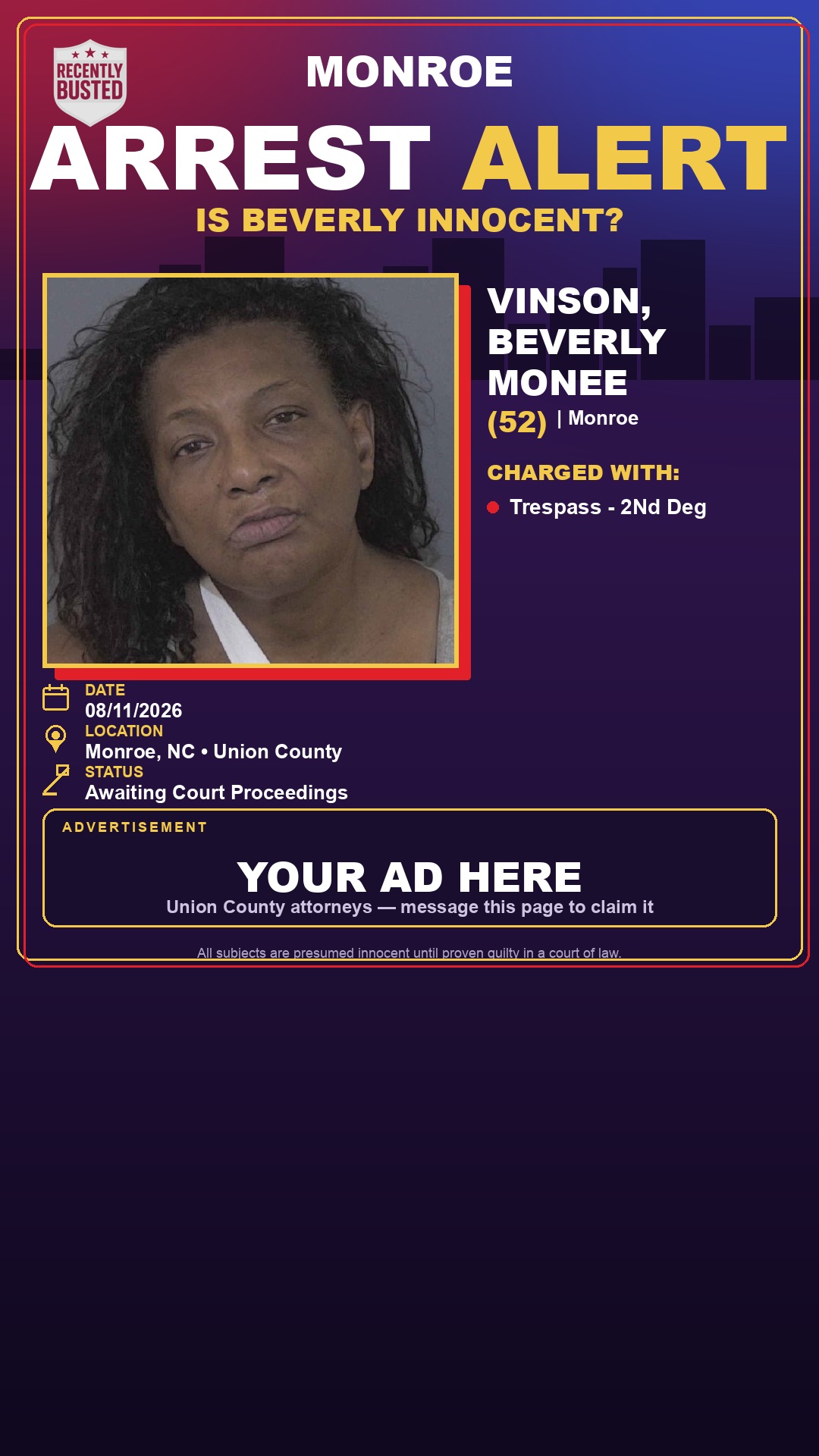 Arrest report - VINSON, BEVERLY MONEE