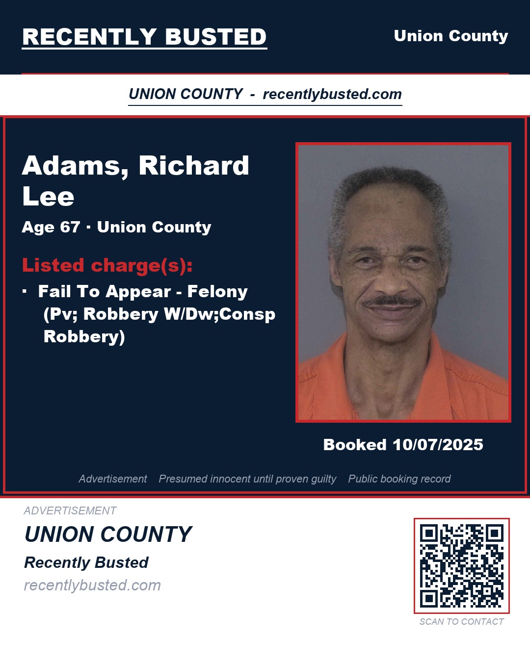ADAMS, RICHARD LEE — arrest record card, Union County, North Carolina