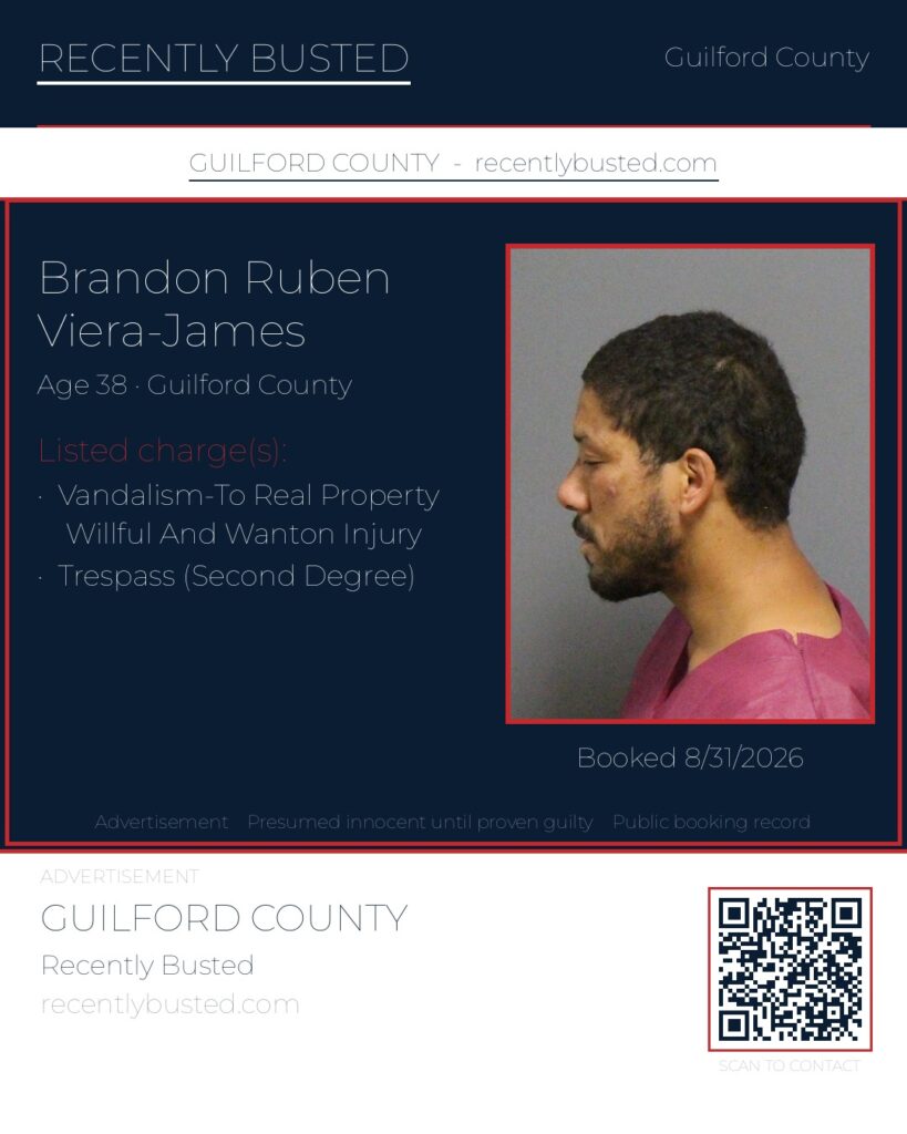 BRANDON RUBEN VIERA-JAMES — arrest record card, Guilford County, North Carolina