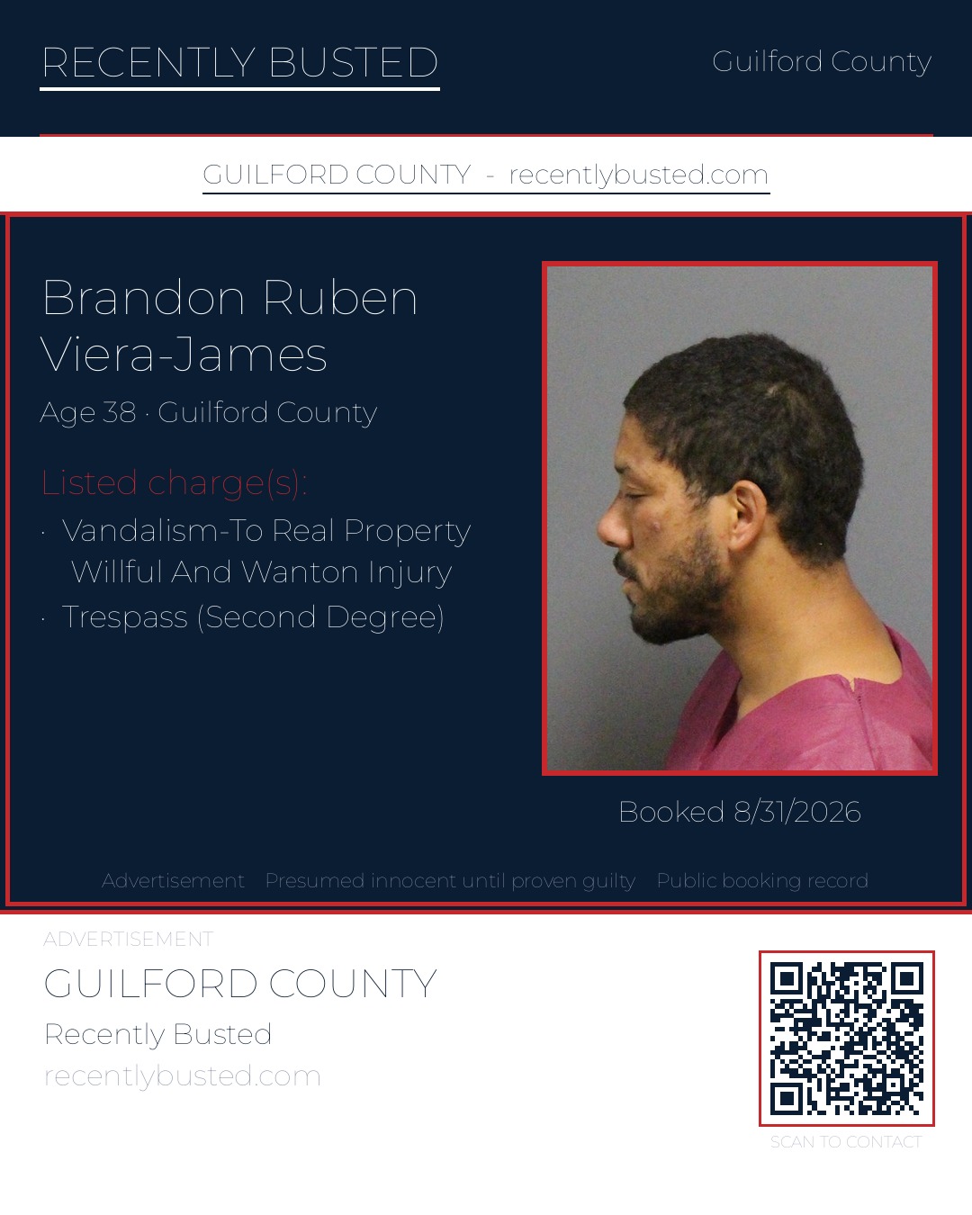 BRANDON RUBEN VIERA-JAMES — arrest record card, Guilford County, North Carolina