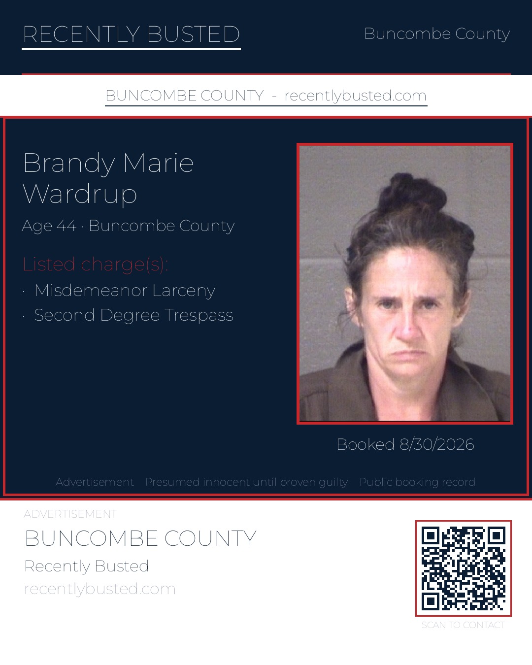 BRANDY MARIE WARDRUP — arrest record card, Buncombe County, North Carolina