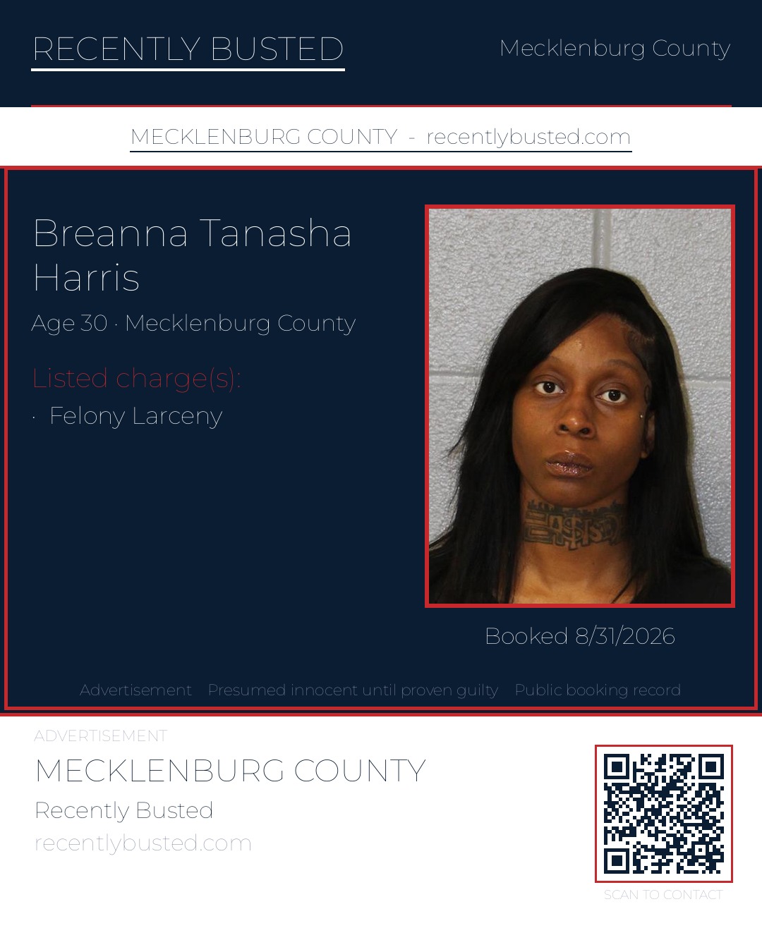 BREANNA TANASHA HARRIS — arrest record card, Mecklenburg County, North Carolina