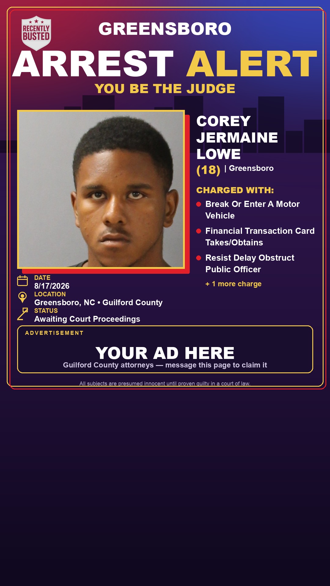 Arrest report - COREY JERMAINE LOWE