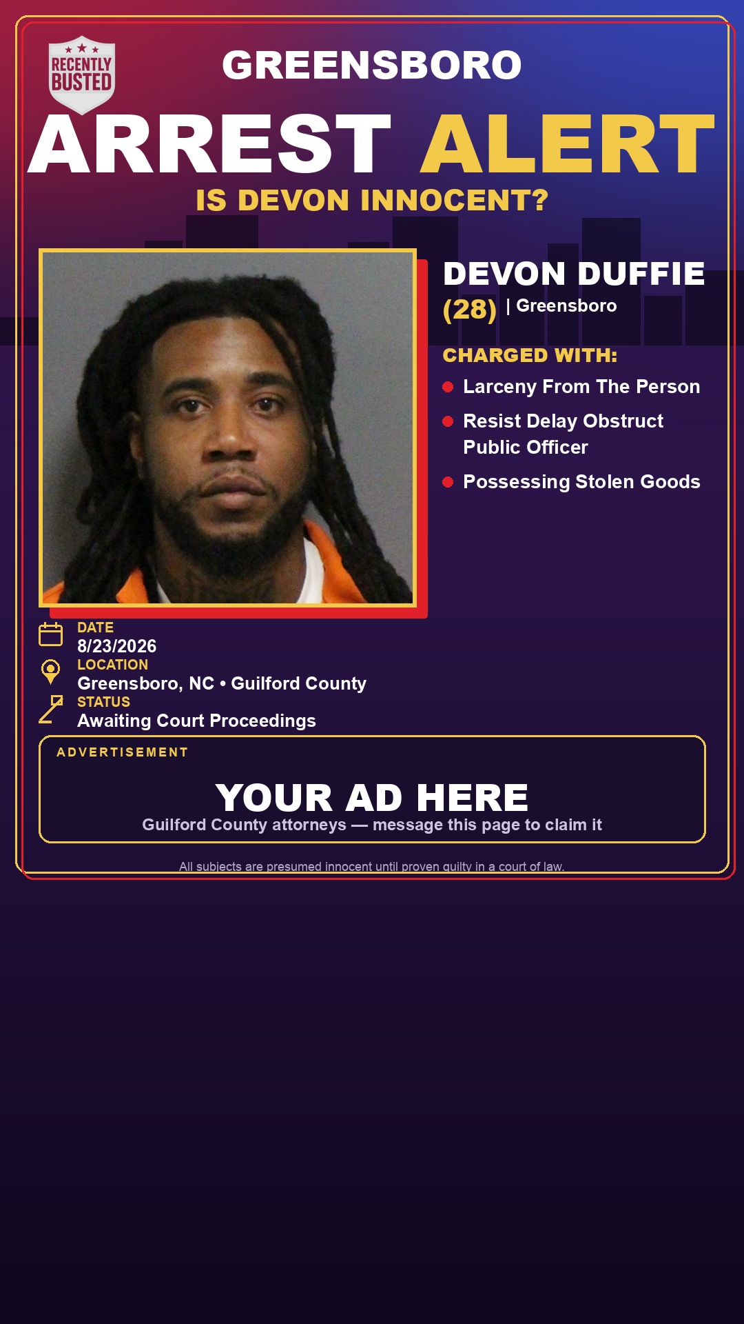 Arrest report - DEVON DUFFIE