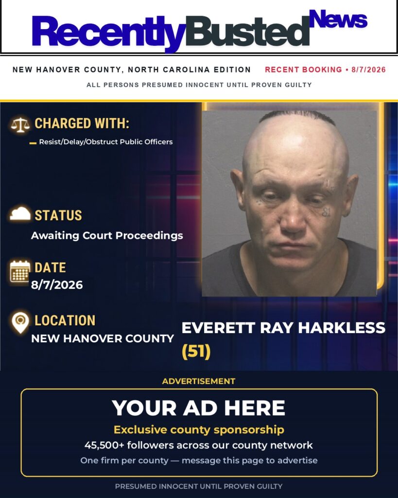 EVERETT RAY HARKLESS — arrest record card, New Hanover County